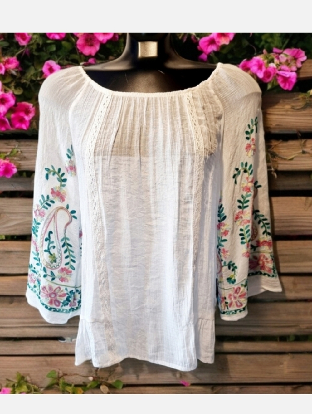 🆕️ Zac & Rachel White Boho Peasant Tunic with Pink & Green Embroidery Size S